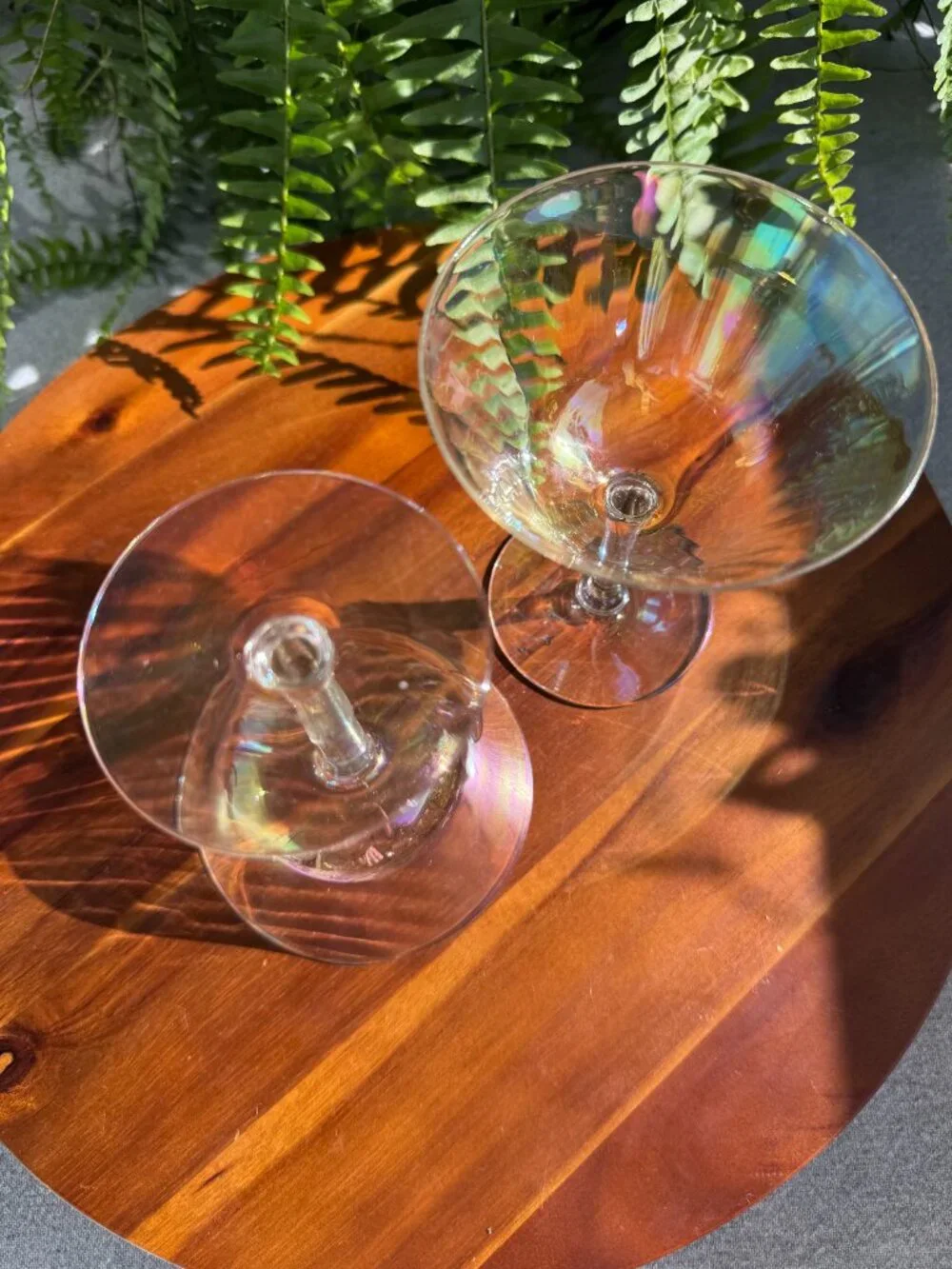 Set of 2 Vintage Fostoria Mother of Pearl Iridescent Champagne Coupe Glasses